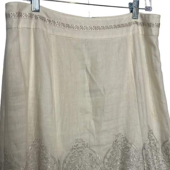 Gorgeous Unique New Per Se Silk/Linen Skirt Cream w/ Gold/Silver Design Size 10 - Picture 4 of 11